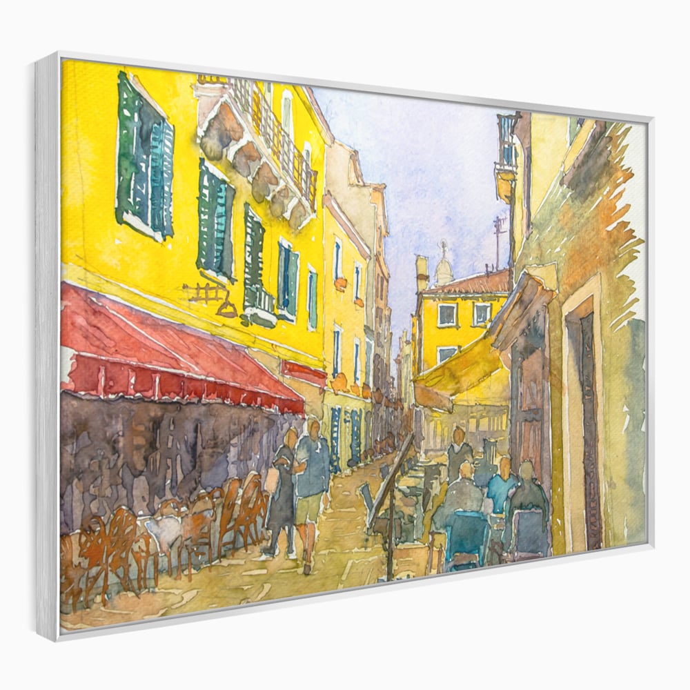 Tablou canvas cu pictura acuarela strada cu terase, in rama de aluminiu argintiu